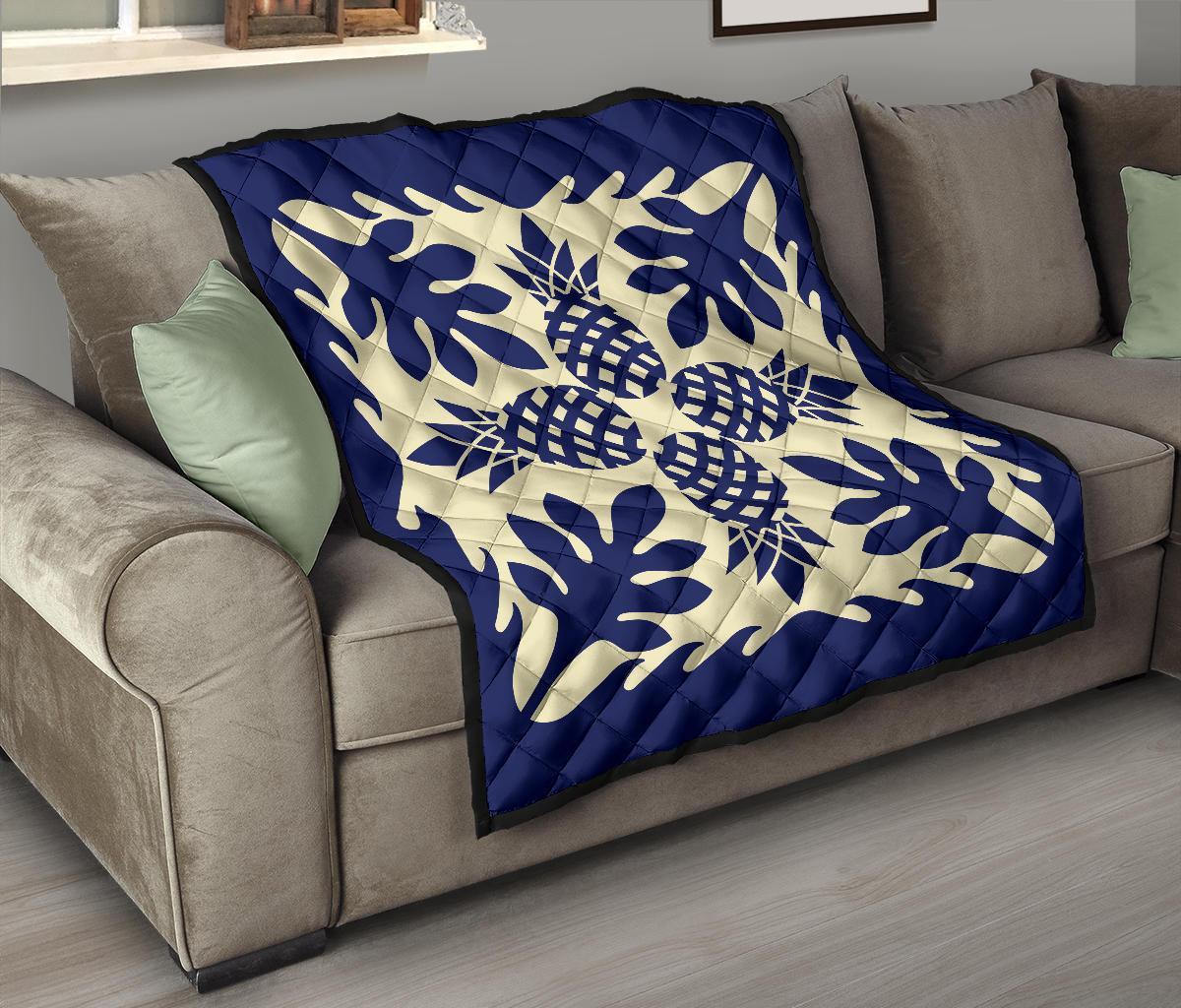Hawaiian Pineapple Tropical Pattern Premium Quilt - Blue - Argu Style - AH - Polynesian Pride