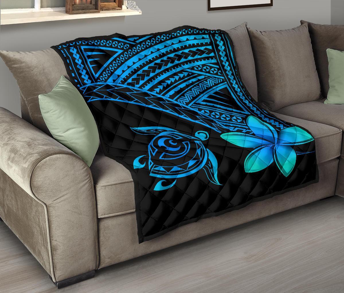 Hawaii Quilt - Hawaii Turtle Plumeria Quilt Blue - Polynesian Pride
