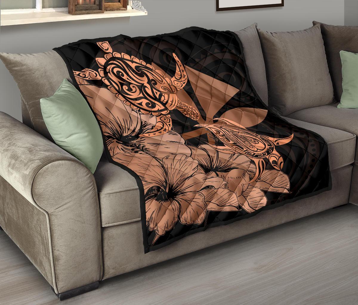 Hawaii Turtle Premium Quilt Polynesian Hibiscus Art Ver 2.0 Orange AH - Polynesian Pride