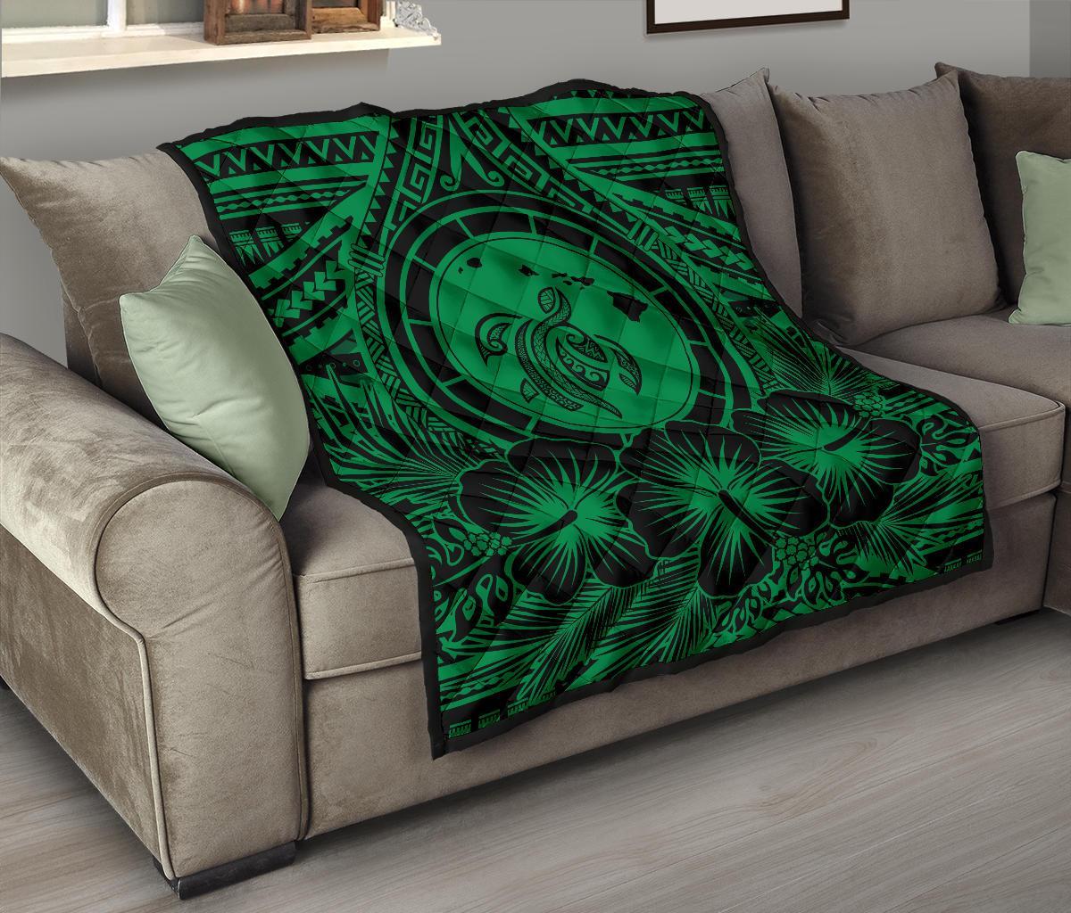 Hawaii Premium Quilt - Hawaii Map Honu Hibiscus Green Polynesian Premium Quilt - Polynesian Pride