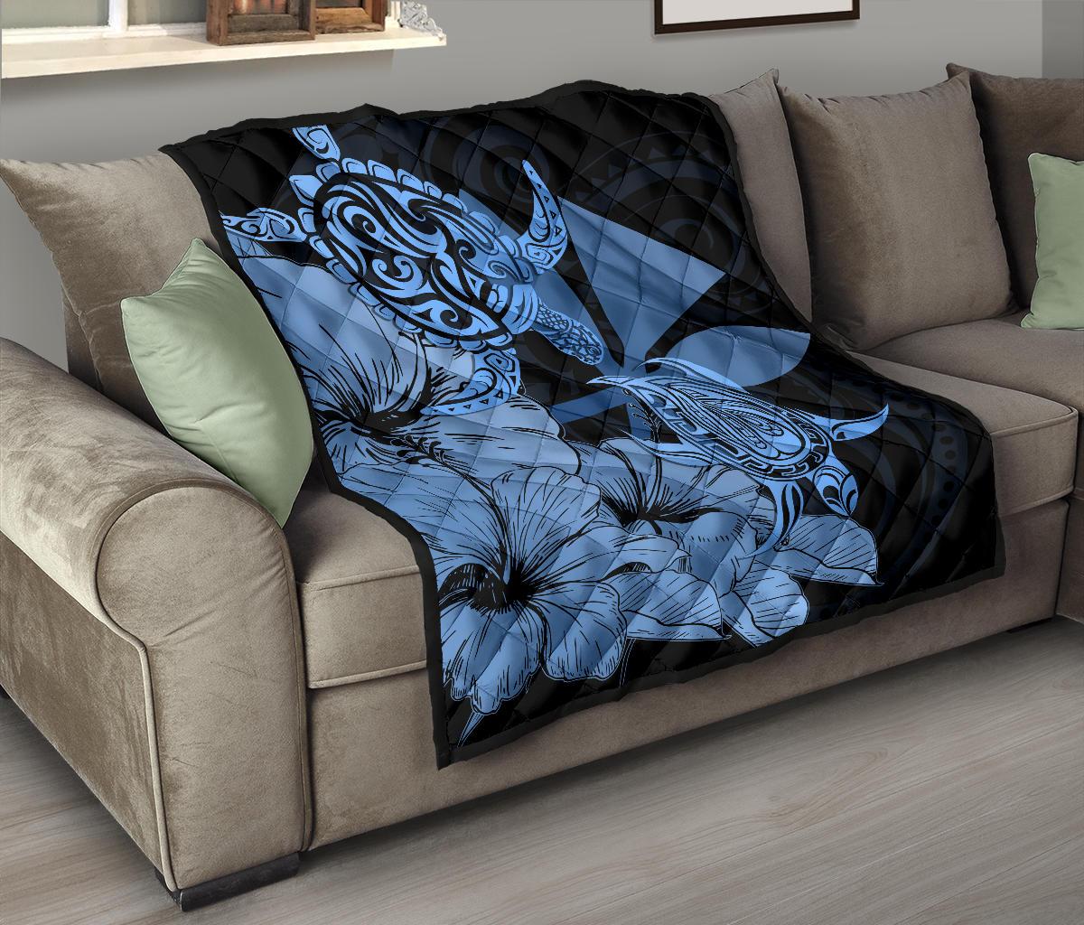 Hawaii Turtle Premium Quilt Polynesian Hibiscus Art Ver 2.0 Blue AH - Polynesian Pride