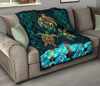Hawaii Map Turtle Hibiscus Polynesian Luxury Premium Quilt - Honu Ohana - Polynesian Pride
