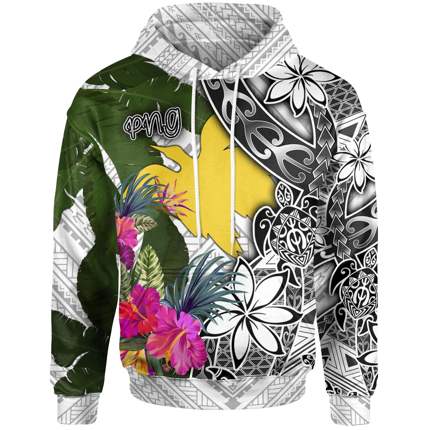 Papua New Guinea Hoodie White Turtle Plumeria Banana Leaf Unisex White - Polynesian Pride