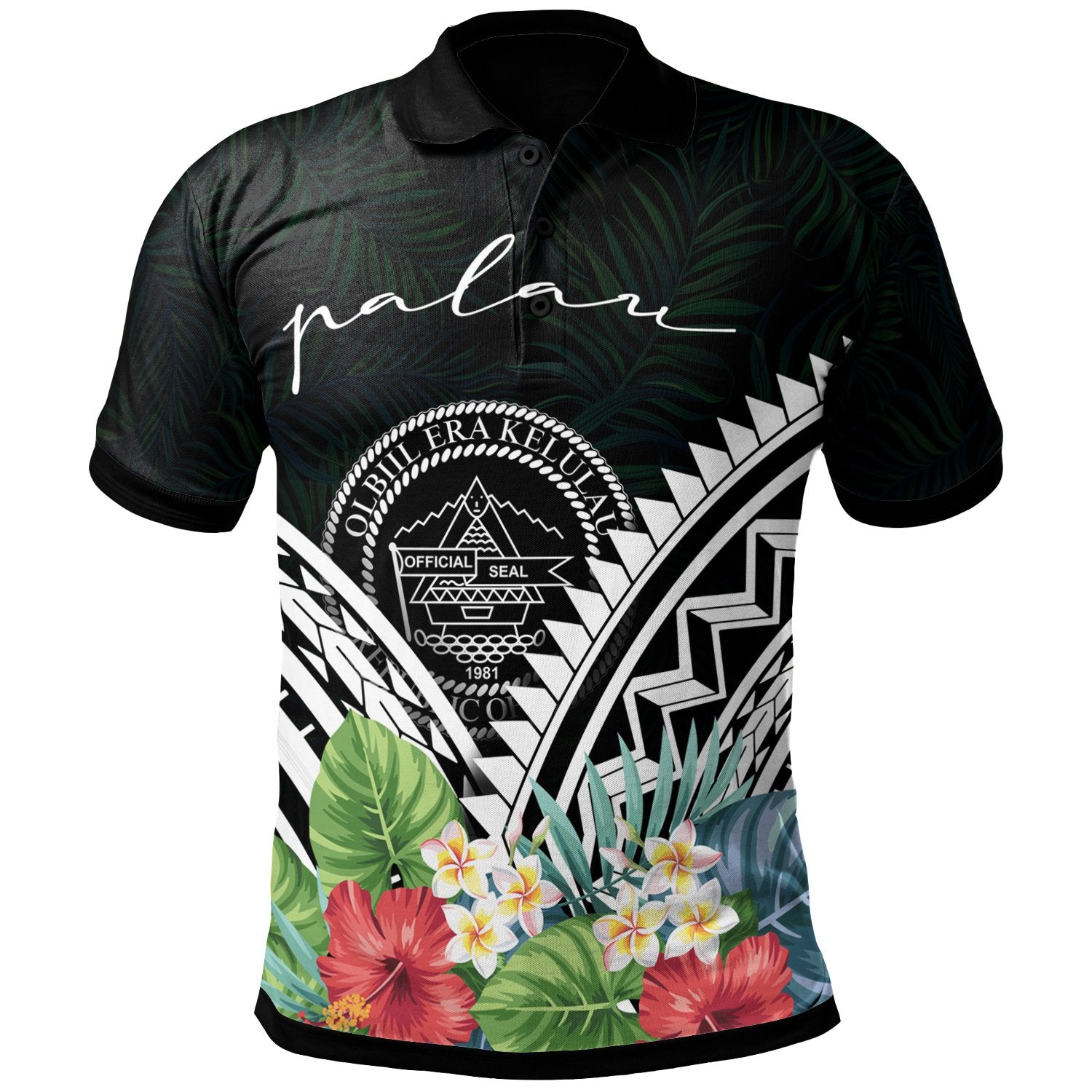 Palau Polo Shirt Palau Coat of Arms and Polynesian Tropical Flowers White Unisex White - Polynesian Pride