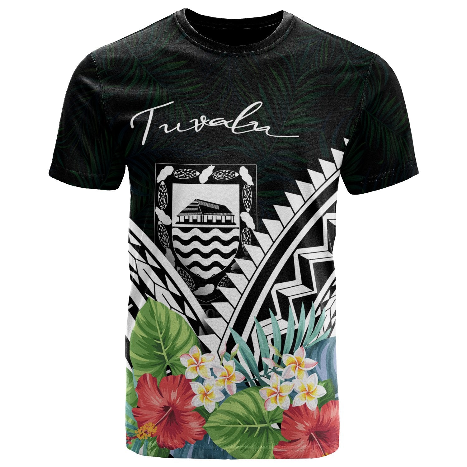 Tuvalu Polynesian T Shirt Tuvaluan Coat of Arms & Polynesian Tropical Flowers White Unisex Art - Polynesian Pride