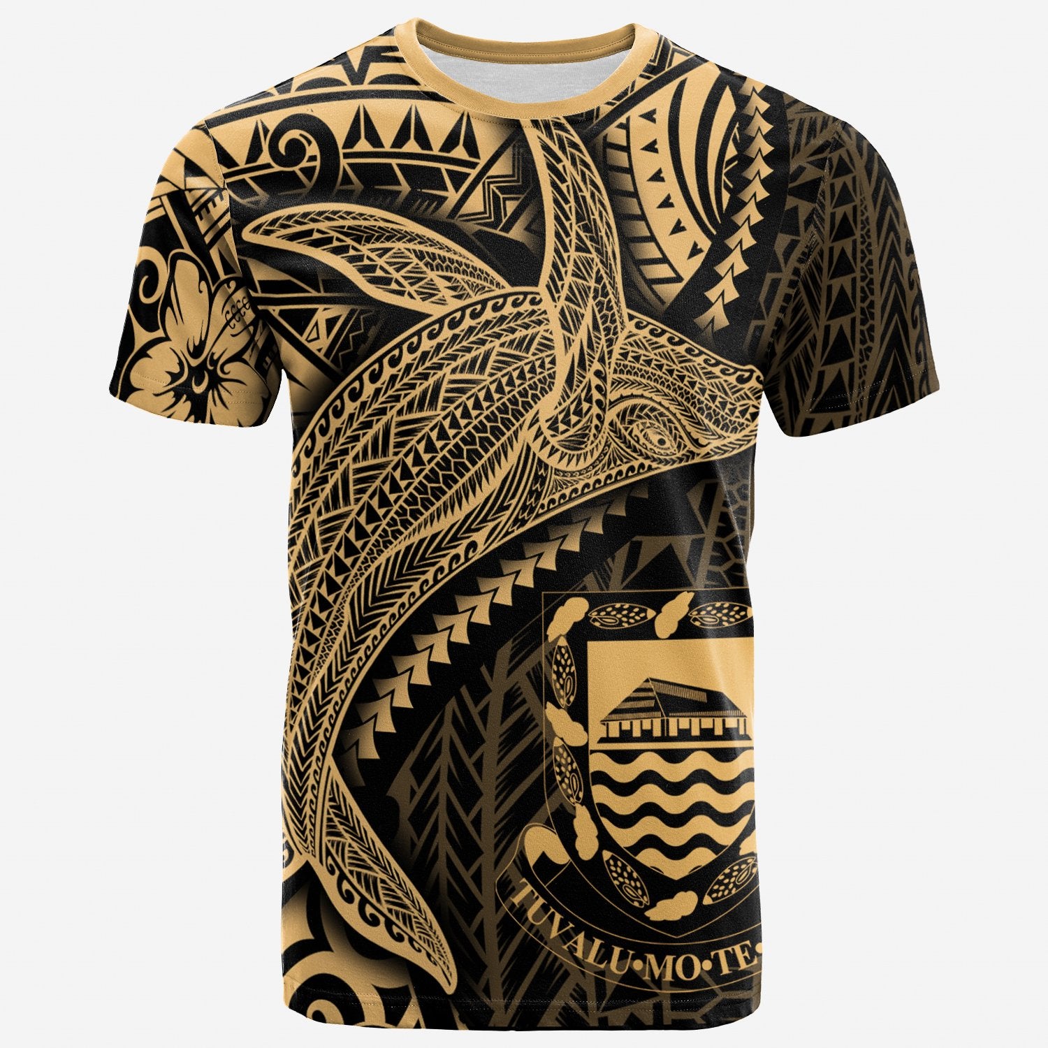 Tuvalu T Shirt Humpback Whale & Coat of Arms Gold Unisex Art - Polynesian Pride