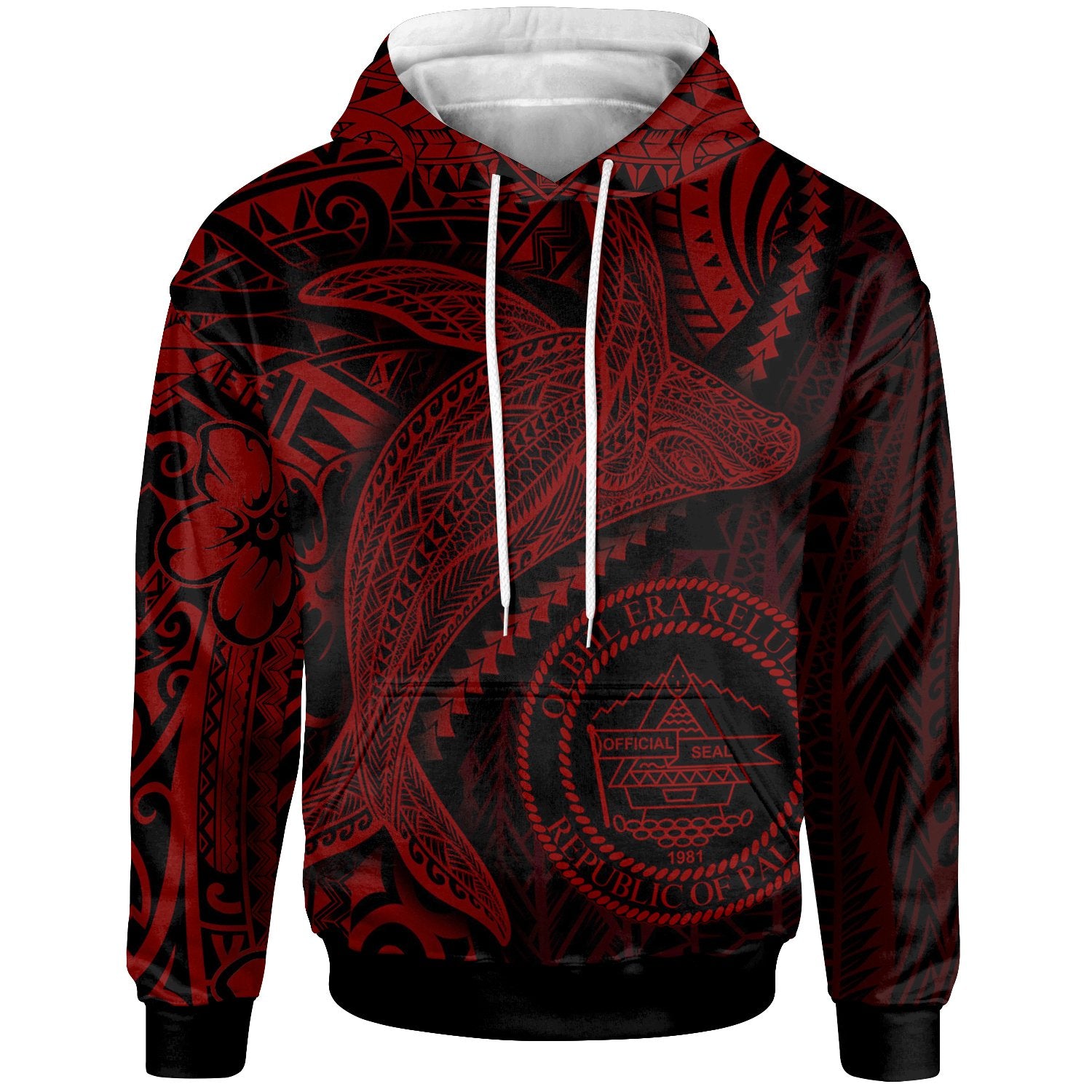 Palau Hoodie Humpback Whale & Coat of Arms Red Unisex Red - Polynesian Pride