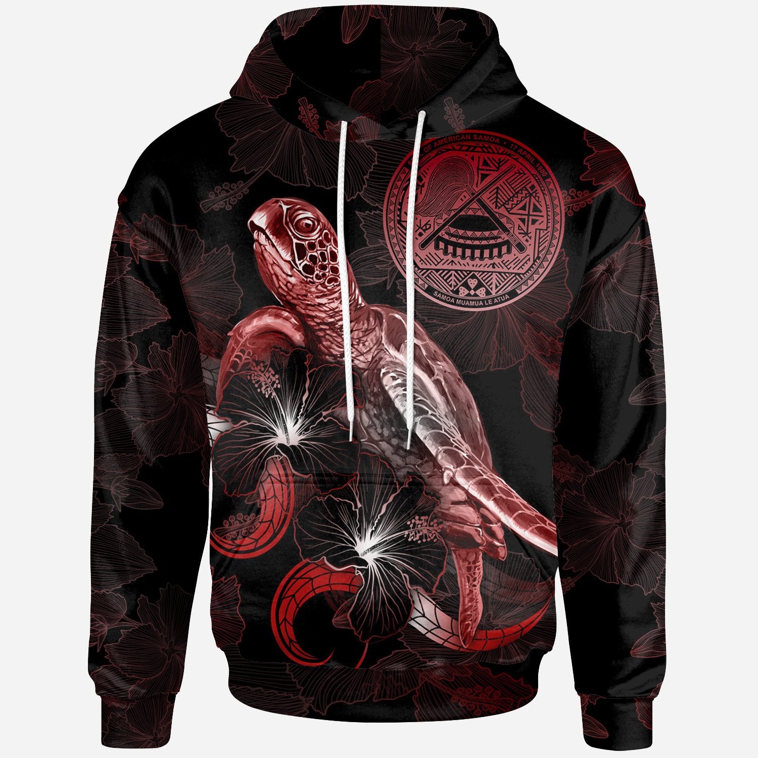 American Samoa Polynesian Hoodie Turtle With Blooming Hibiscus Red Unisex Red - Polynesian Pride