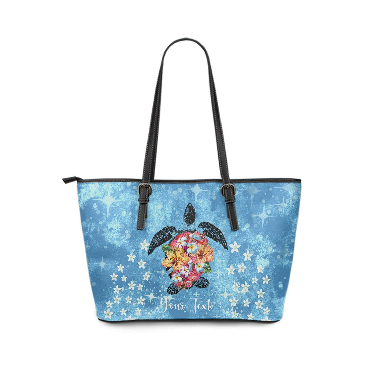 Personalized - Hawaii Turtle Hibiscus Plumeria Blue Small Leather Tote Bag Blue - Polynesian Pride