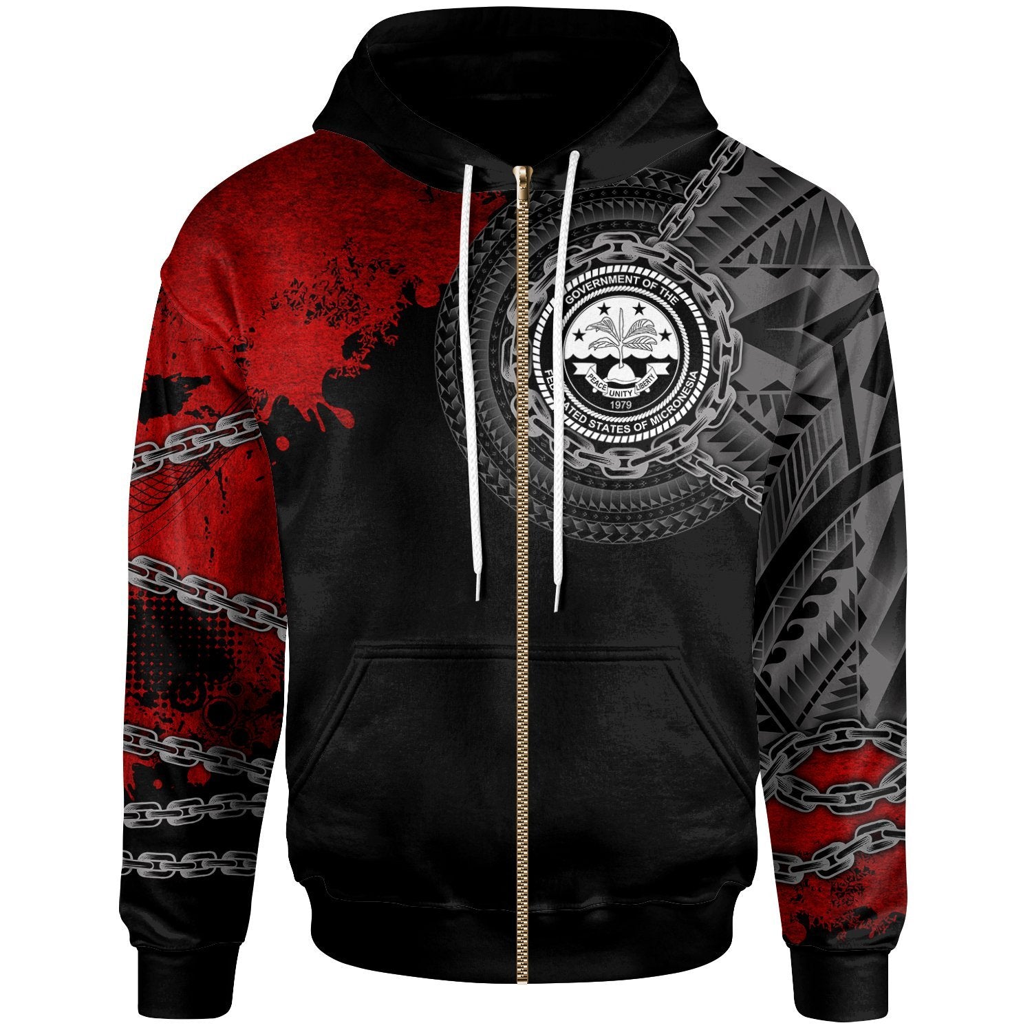 Federated States of Micronesia Zip up Hoodie Polynesian Chain Style Unisex Black - Polynesian Pride