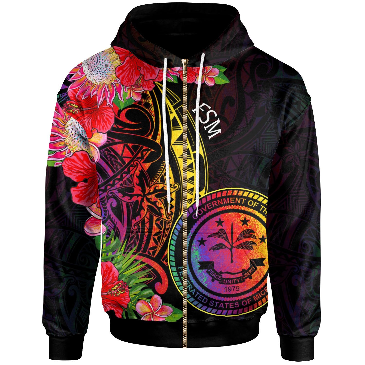 Federated States of Micronesia Zip Hoodie Tropical Hippie Style Unisex Black - Polynesian Pride