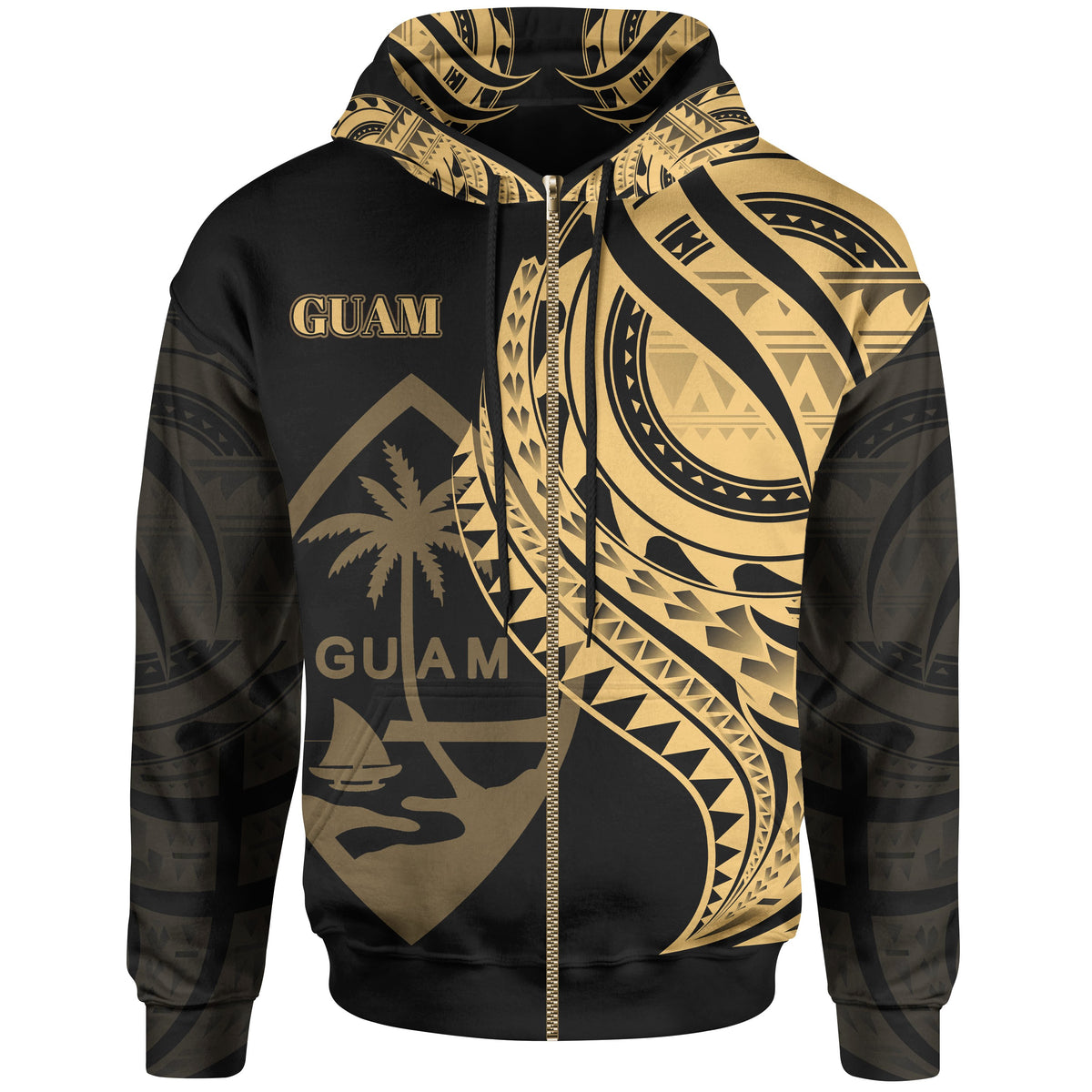 Guam Zip Hoodie Gold Polynesian Patterns Best Guam Ever Unisex Black - Polynesian Pride