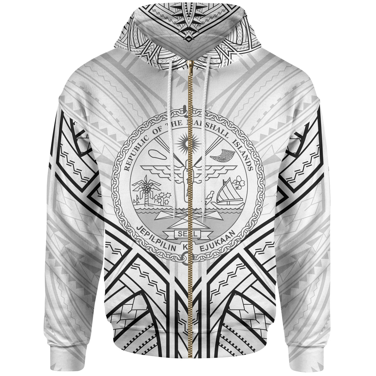 Marshall Islands Zip Hoodie Marshall Islands Seal Tribal Patterns Unisex White - Polynesian Pride
