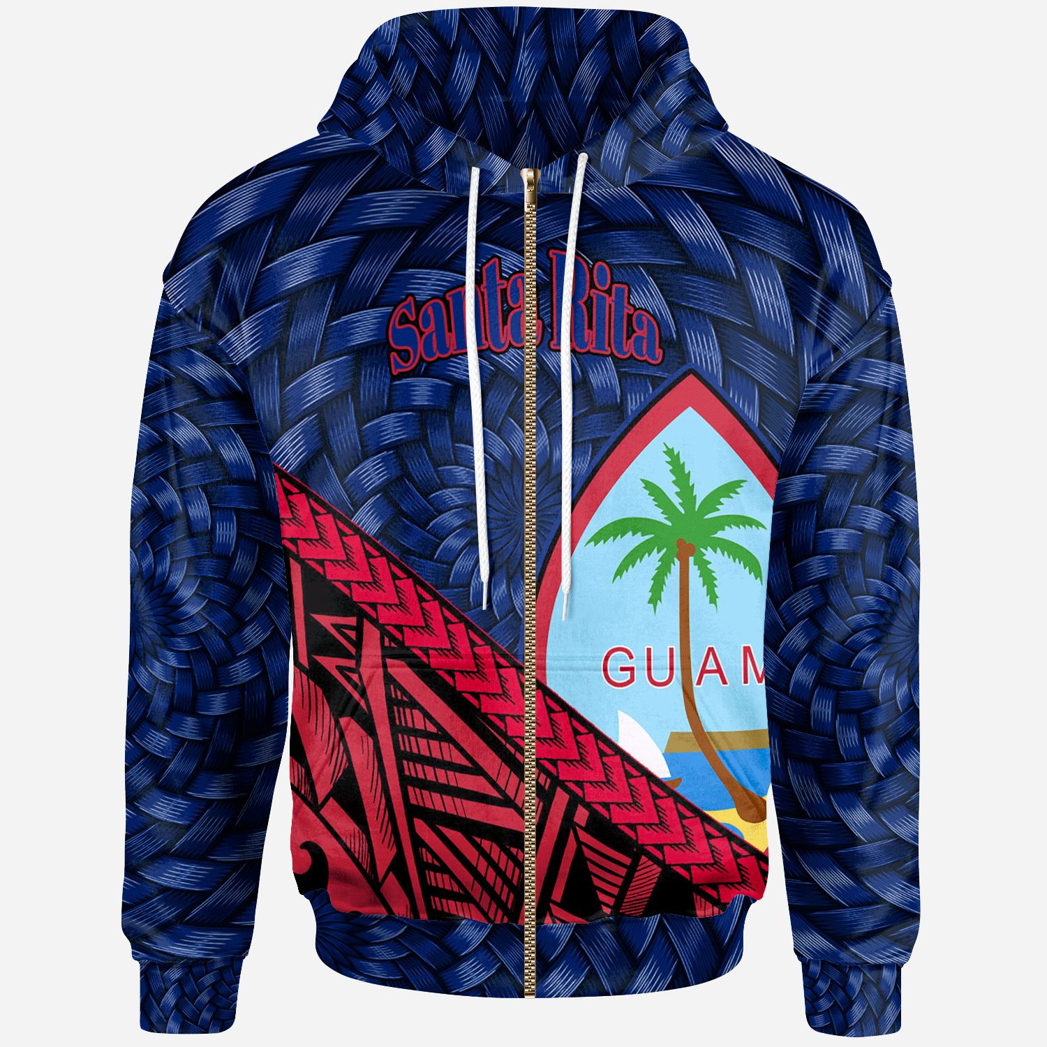 Guam Zip Hoodie Santa Rita Tapa Patterns With Bamboo Unisex Blue - Polynesian Pride