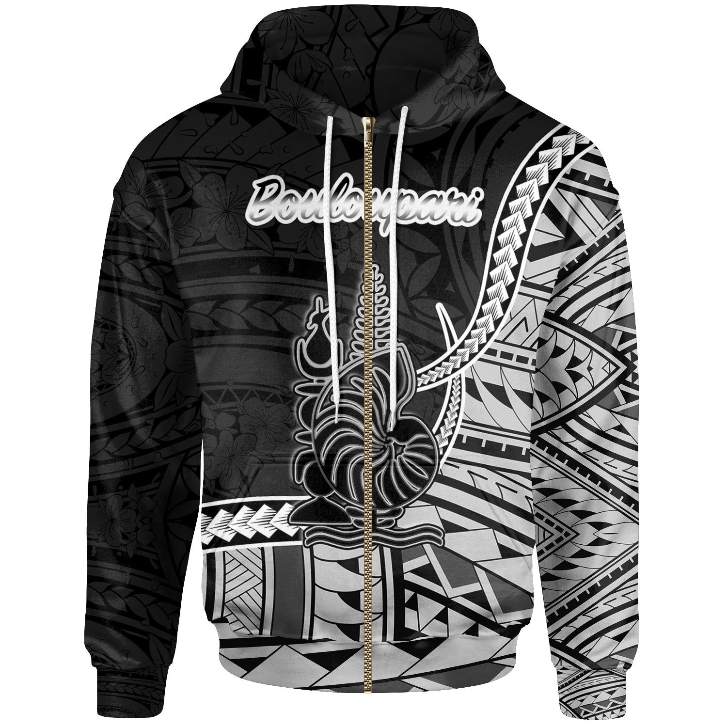 New Caledonia Islands Zip Hoodie Bouloupari Seal of New Caledonia Polynesian Patterns Unisex Black - Polynesian Pride