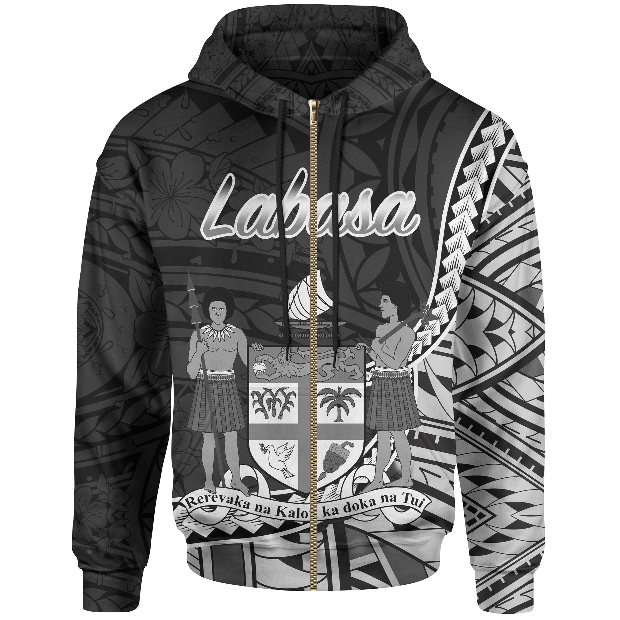Fiji Zip Hoodie Labasa Seal of Fiji Polynesian Patterns Unisex Black - Polynesian Pride
