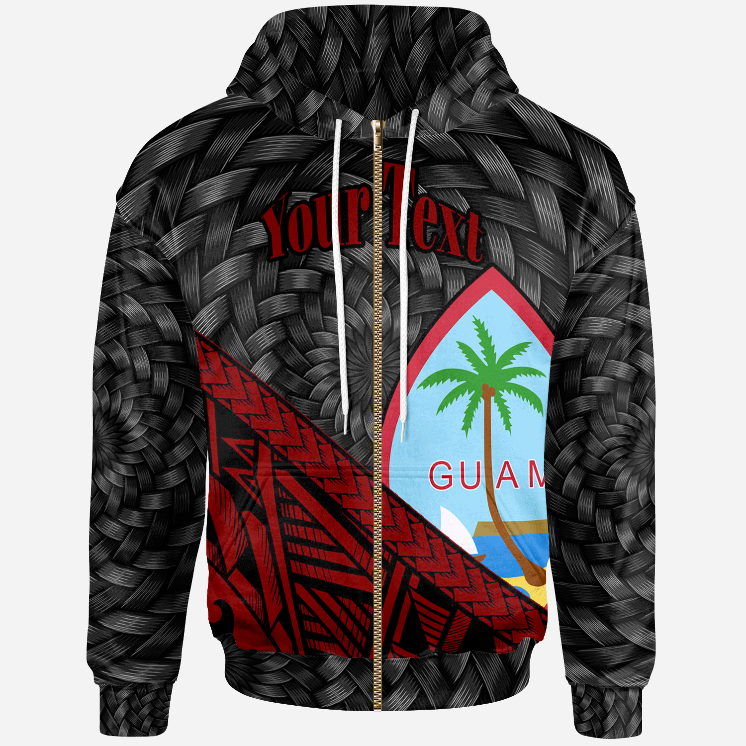 Guam Zip Hoodie Custom Red Tapa Patterns With Bamboo Unisex Black - Polynesian Pride