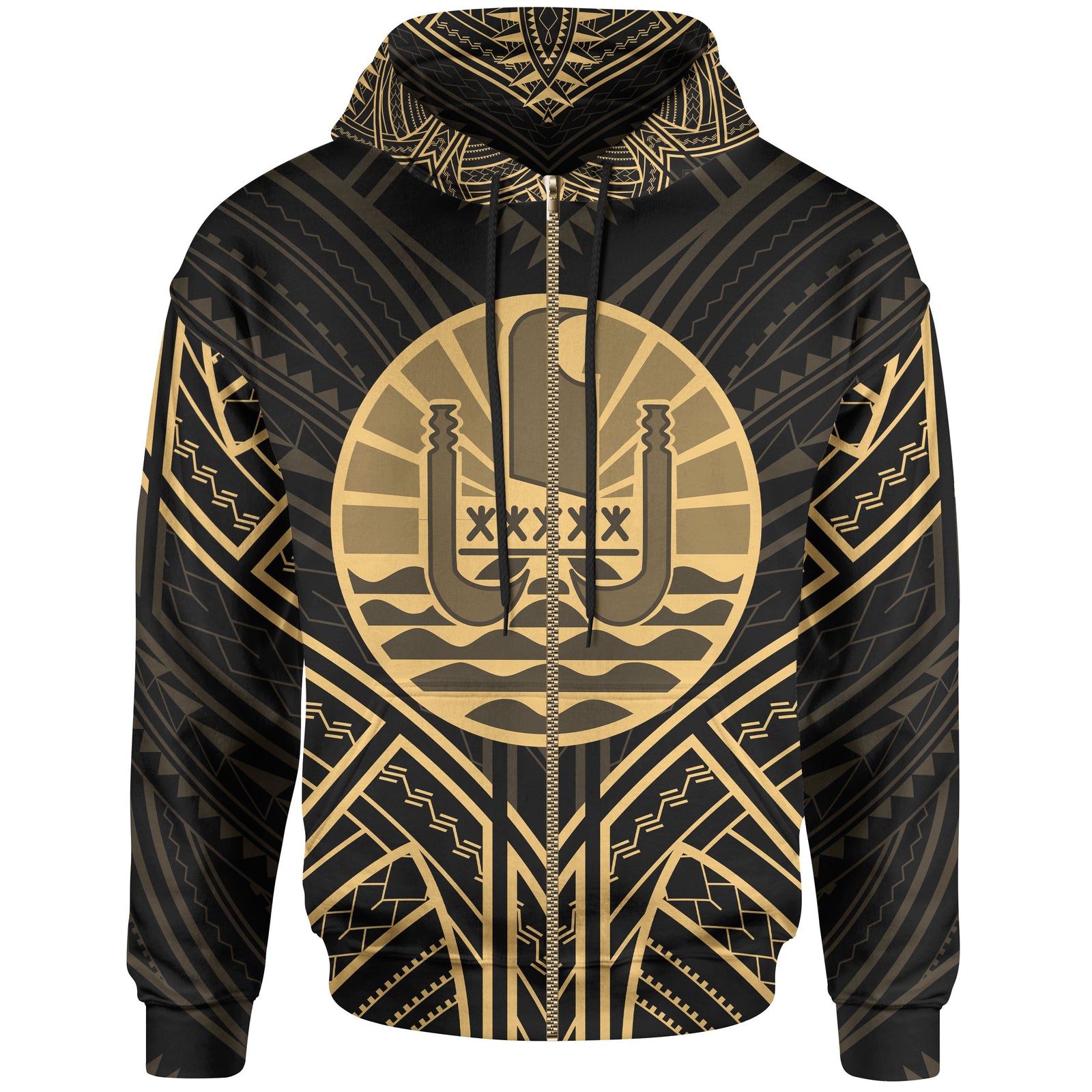 French Polynesia Zip Hoodie French Polynesia Seal Gold Tribal Patterns Unisex White - Polynesian Pride