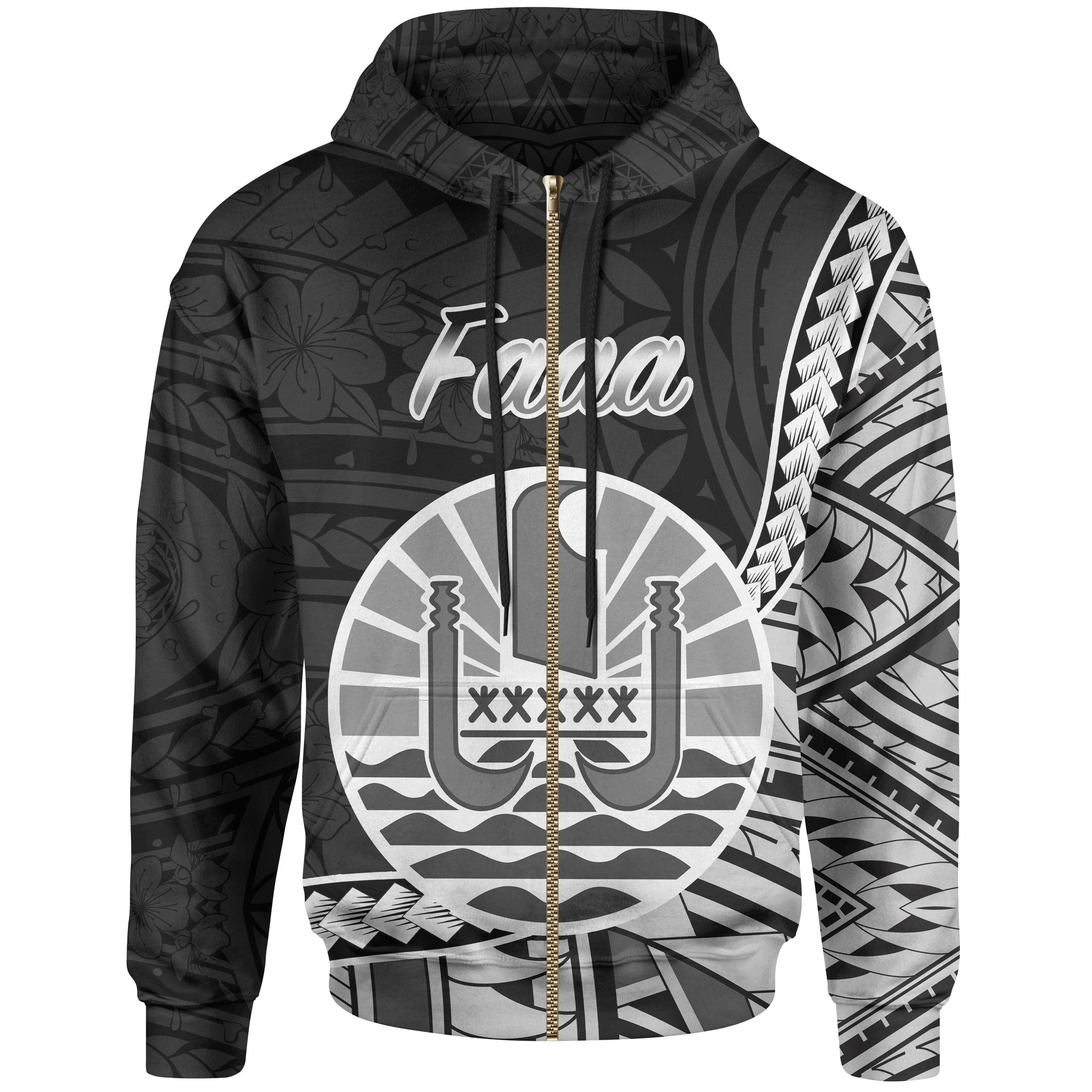 French Polynesia Zip Hoodie Faaa Seal of French Polynesia Polynesian Patterns Unisex Black - Polynesian Pride