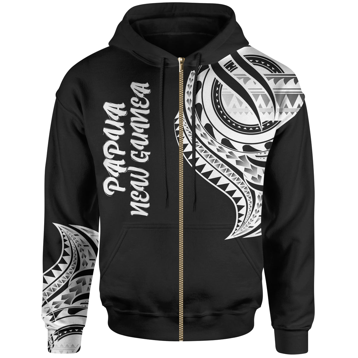 Papua New Guinea Zip Hoodie Papua New Guinea Tatau White Patterns Unisex Black - Polynesian Pride