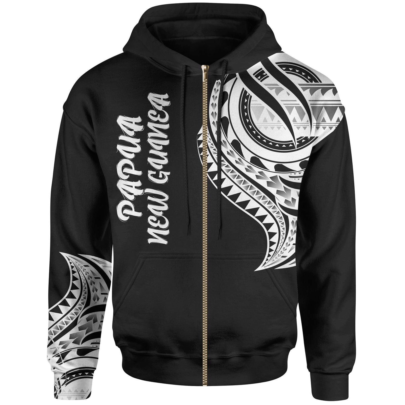 Papua New Guinea Zip Hoodie Papua New Guinea Tatau White Patterns Unisex Black - Polynesian Pride