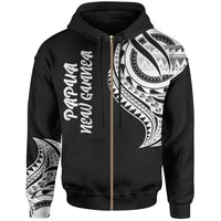 Papua New Guinea Zip Hoodie Papua New Guinea Tatau White Patterns Unisex Black - Polynesian Pride