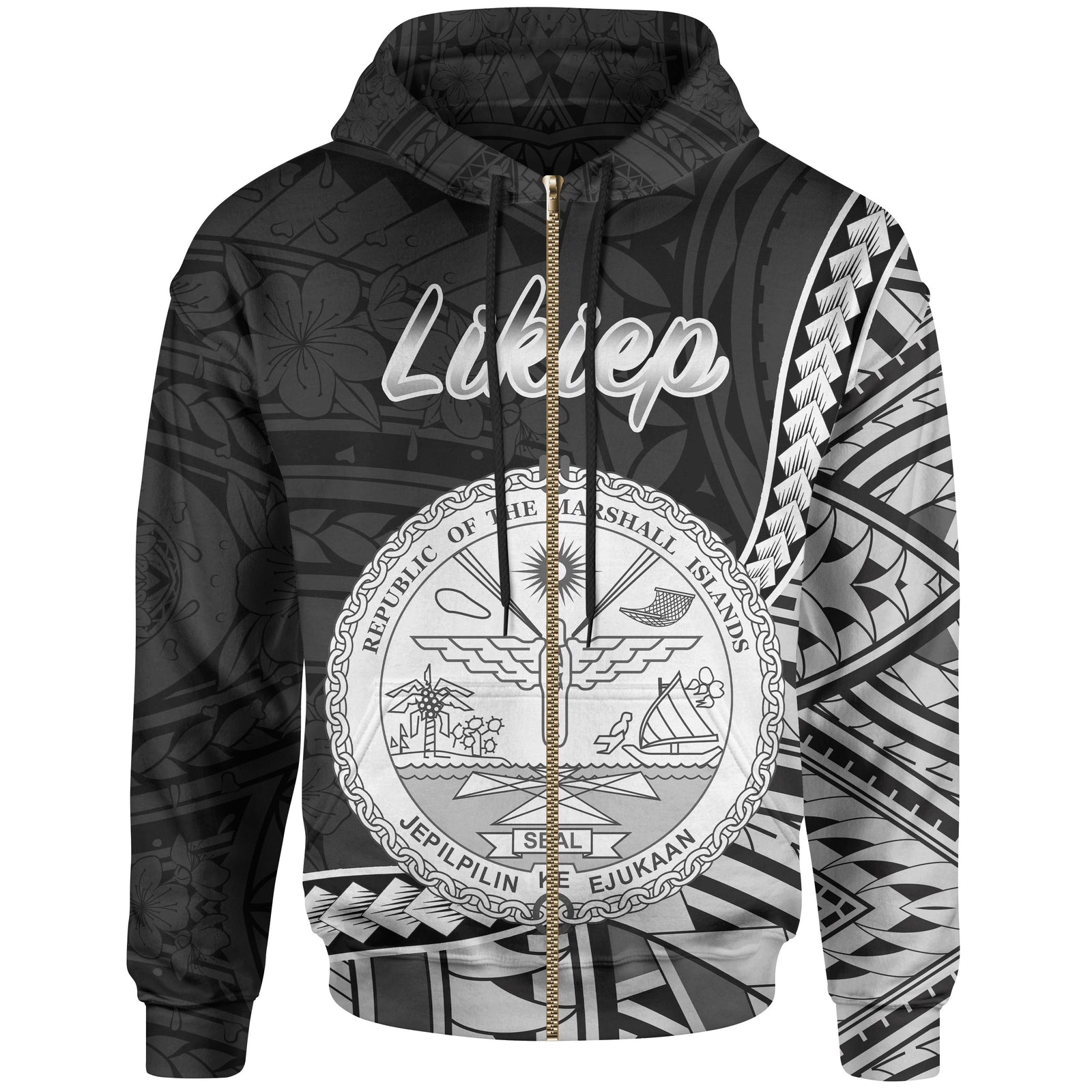 Marshall Islands Zip Hoodie Likiep Seal of Marshall Islands Polynesian Patterns Unisex Black - Polynesian Pride