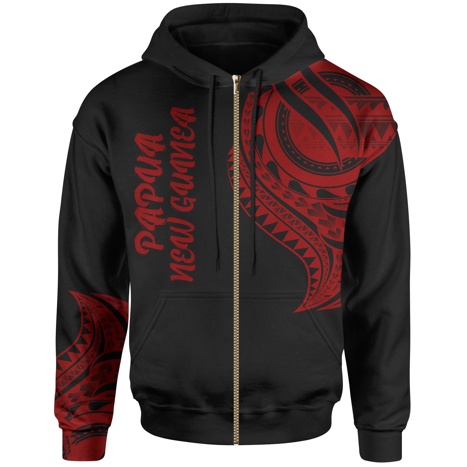 Papua New Guinea Zip Hoodie Papua New Guinea Tatau Red Patterns Unisex Black - Polynesian Pride