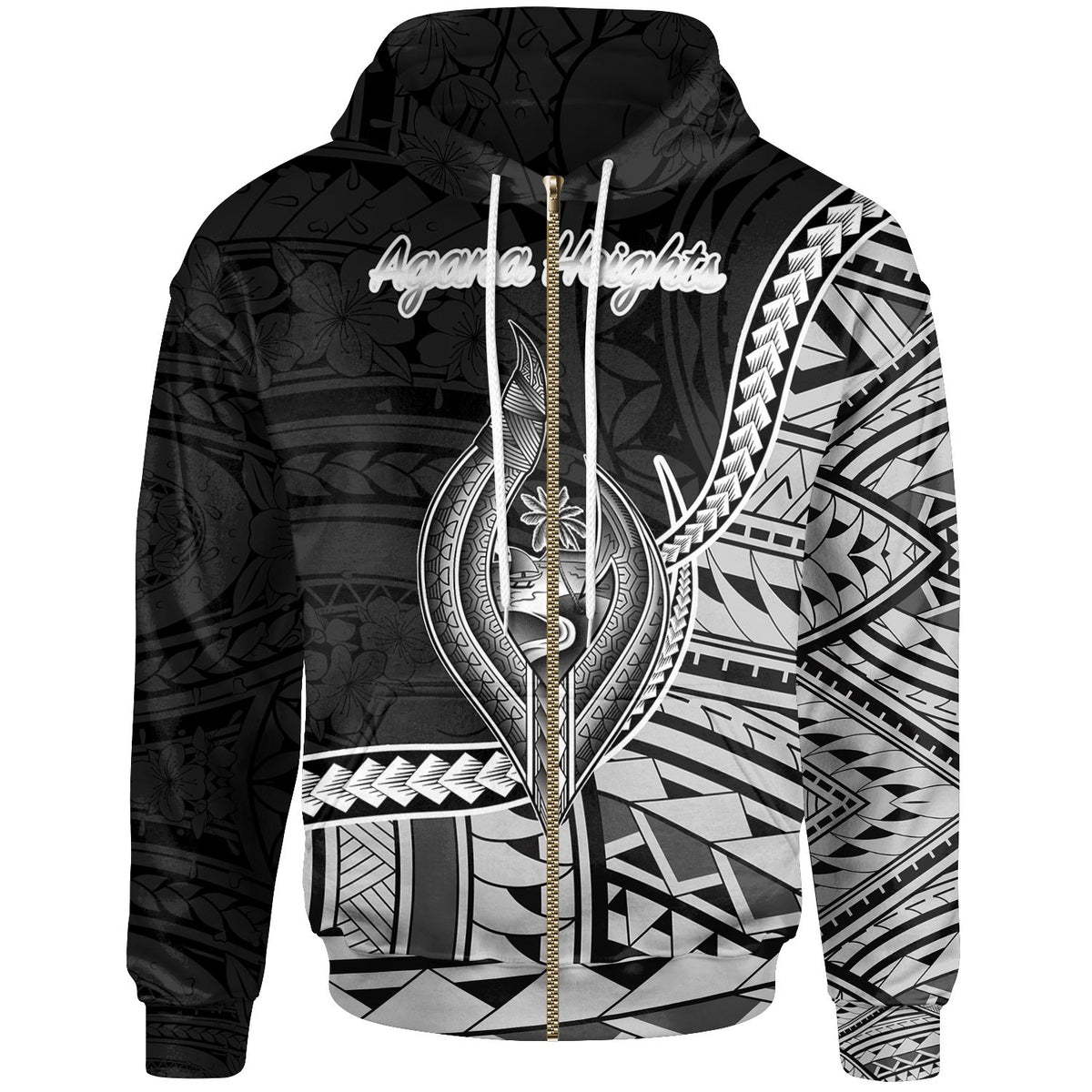 Guam Zip Hoodie Agana Heights Seal of Guam Polynesian Patterns Unisex Black - Polynesian Pride