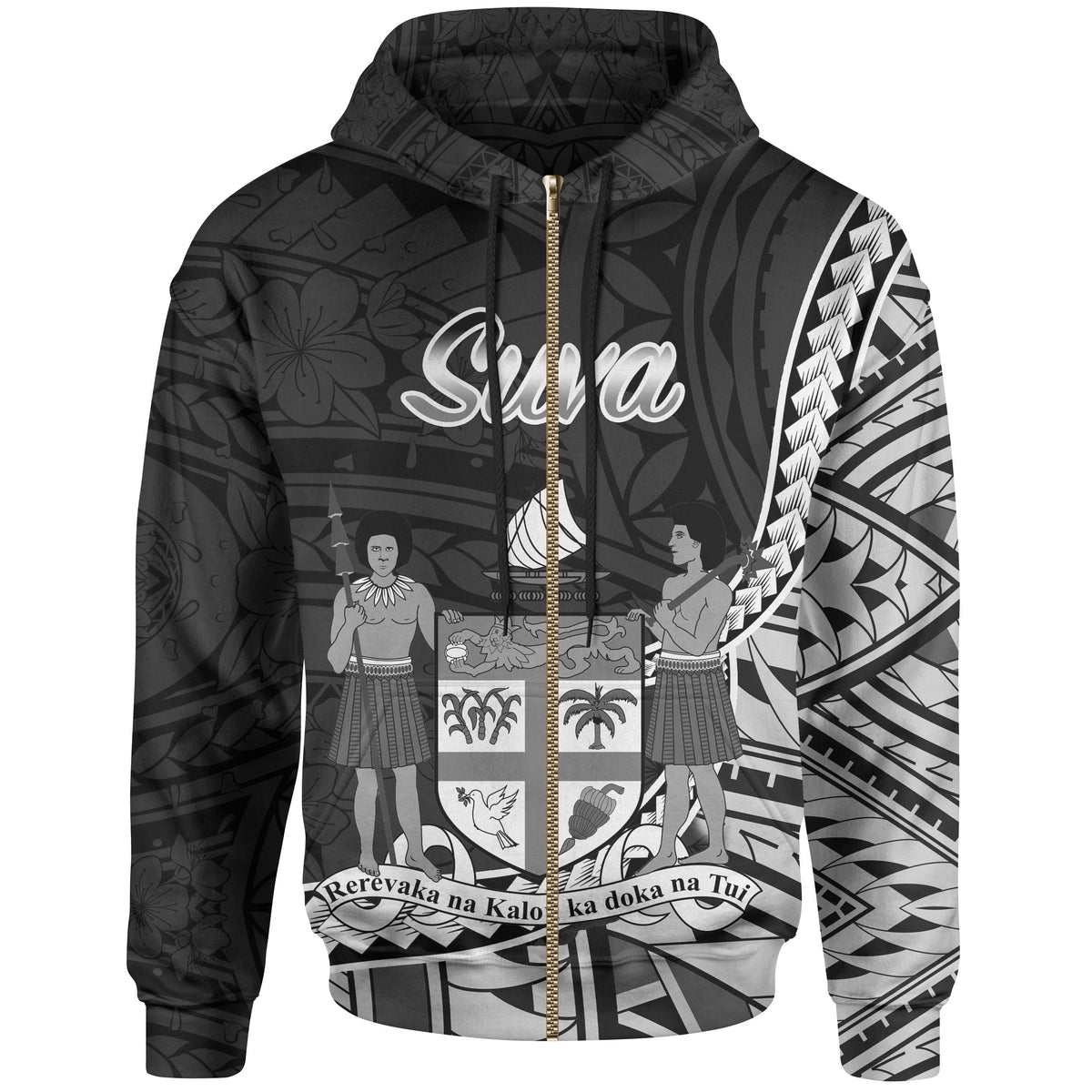 Fiji Zip Hoodie Suva Seal of Fiji Polynesian Patterns Unisex Black - Polynesian Pride