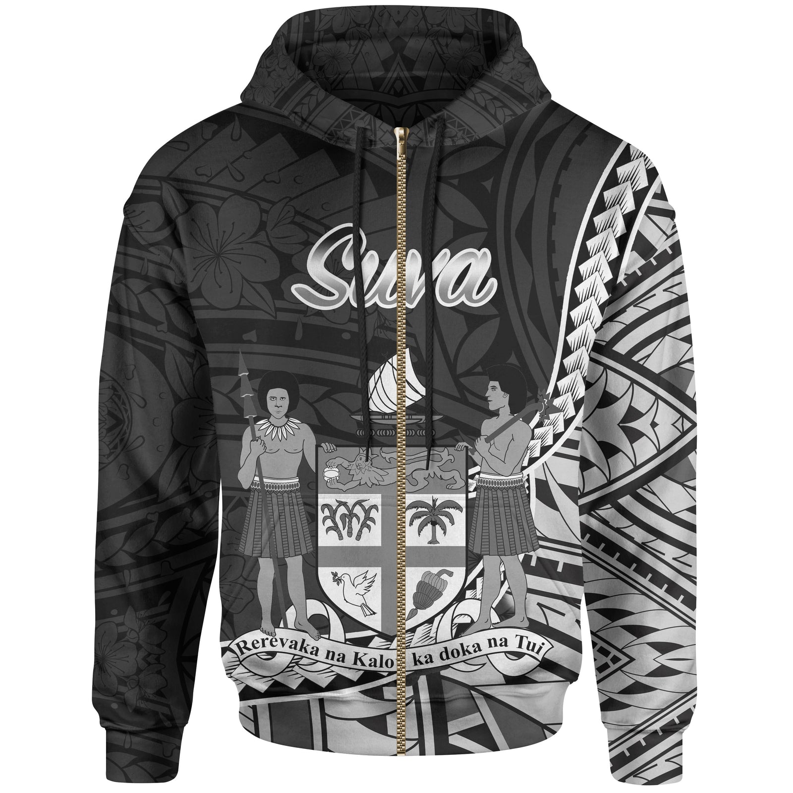 Fiji Zip Hoodie Suva Seal of Fiji Polynesian Patterns Unisex Black - Polynesian Pride