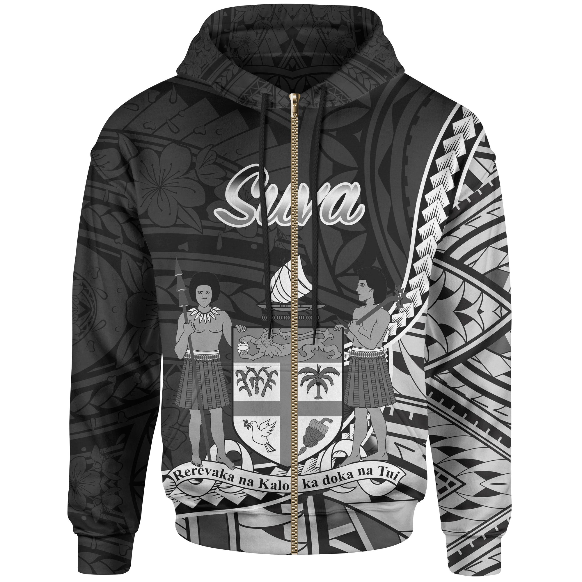 Fiji Zip Hoodie Suva Seal of Fiji Polynesian Patterns Unisex Black - Polynesian Pride