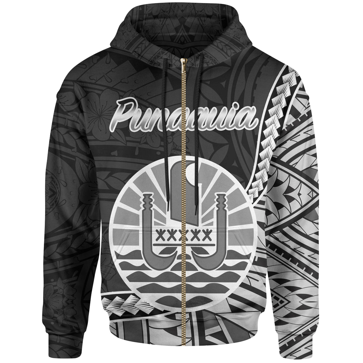 French Polynesia Zip Hoodie Punaauia Seal of French Polynesia Polynesian Patterns Unisex Black - Polynesian Pride