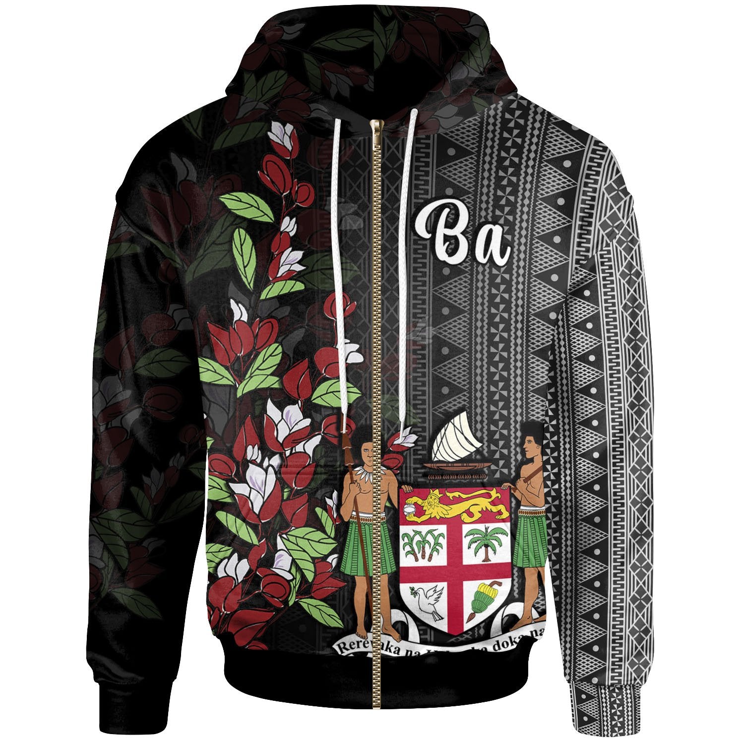Fiji Zip Hoodie Ba Tagimaucia Flowers Unisex Black - Polynesian Pride