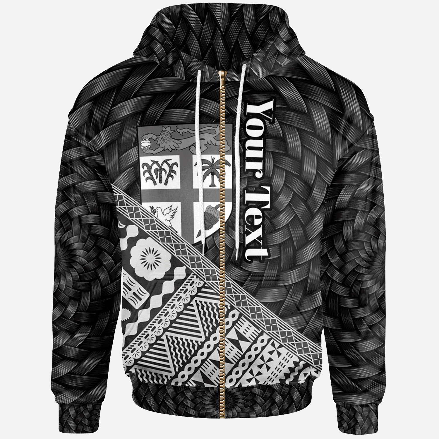 Fiji Zip Hoodie Custom Black Tapa Patterns With Bamboo Unisex Black - Polynesian Pride