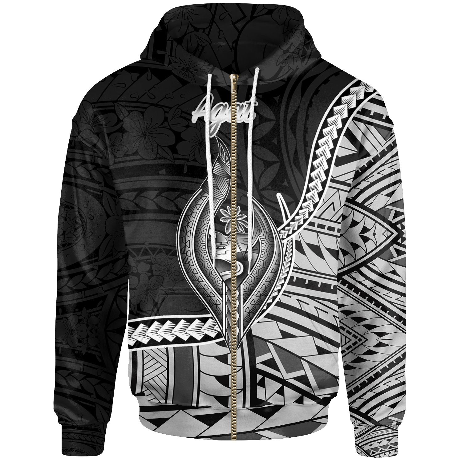 Guam Zip Hoodie Agat Seal of Guam Polynesian Patterns Unisex Black - Polynesian Pride