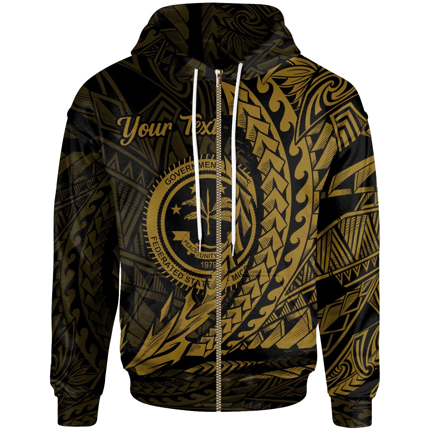 Federated States of Micronesia Zip Hoodie Gold Custom Wings Style Unisex Black - Polynesian Pride