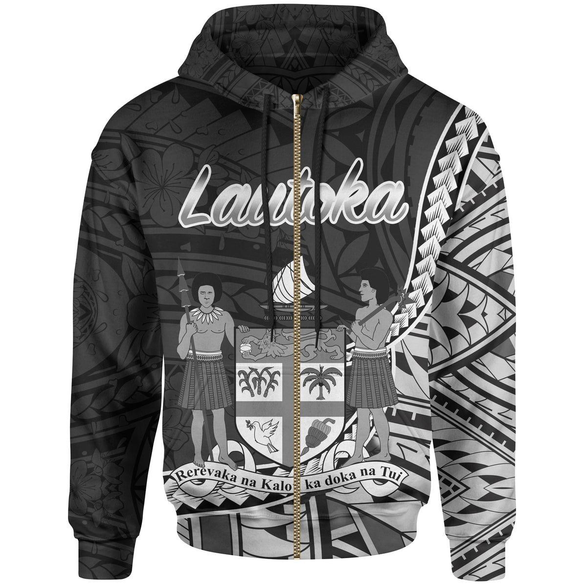 Fiji Zip Hoodie Lautoka Seal of Fiji Polynesian Patterns Unisex Black - Polynesian Pride