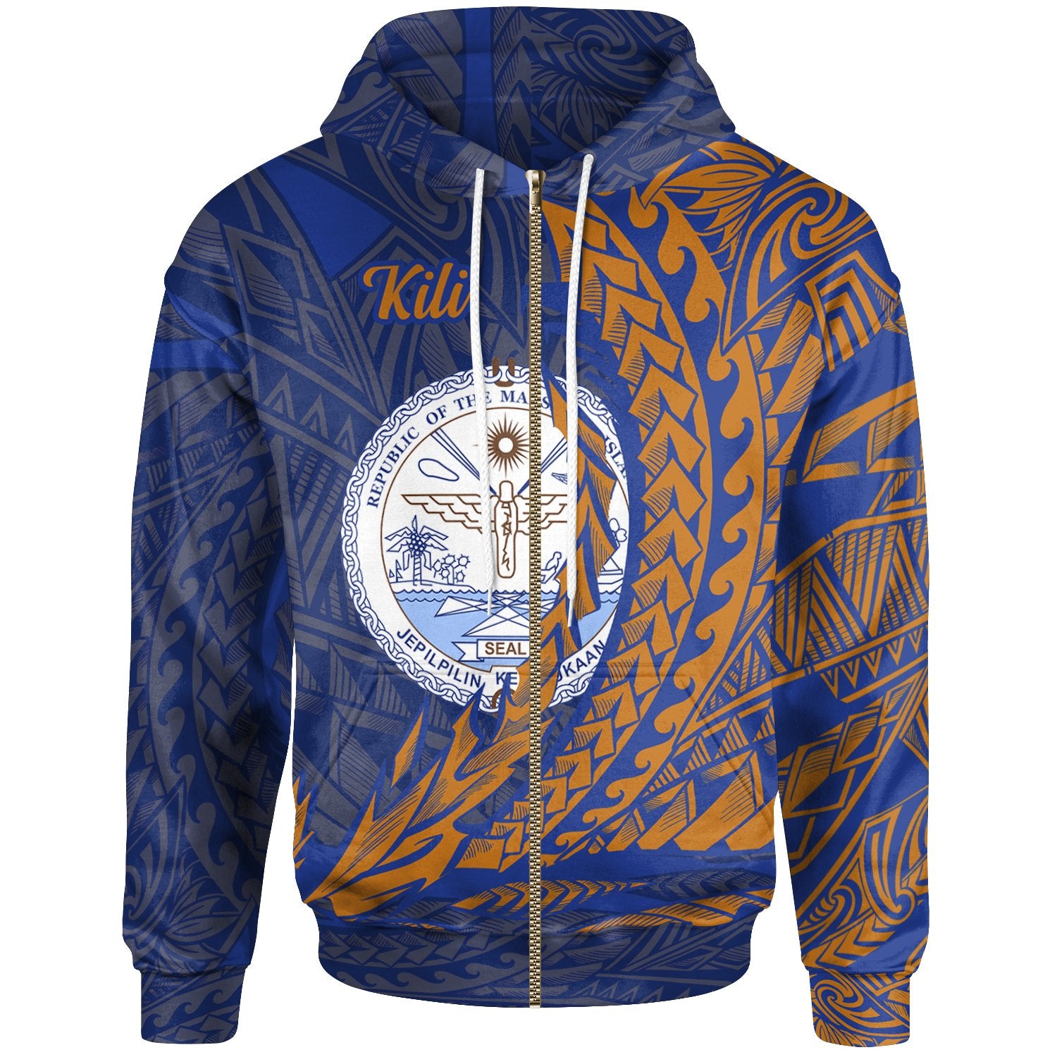 Marshall Islands Zip Hoodie Kili Wings Style Unisex Blue - Polynesian Pride