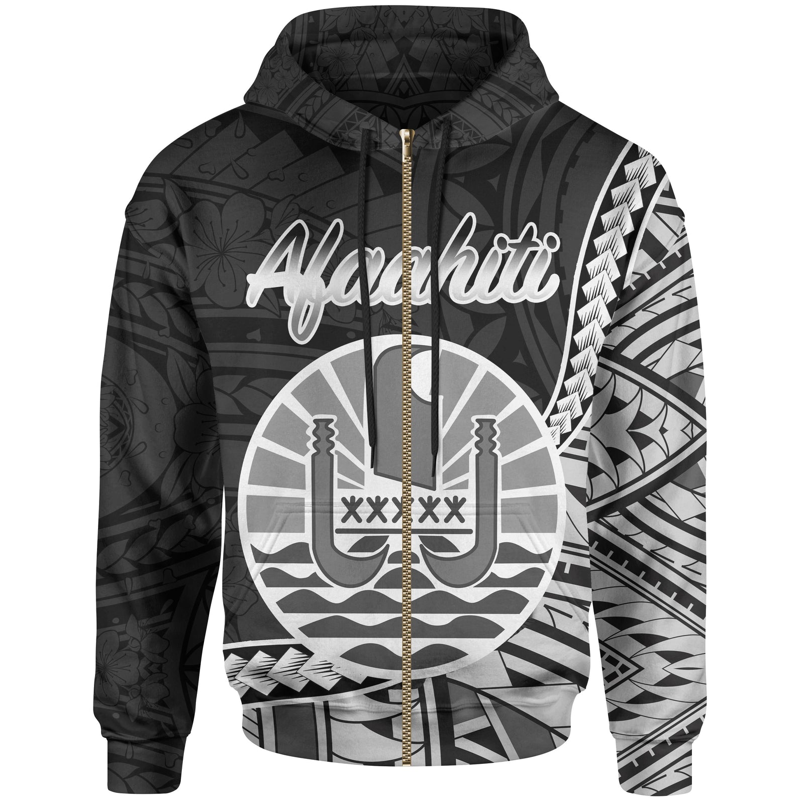 French Polynesia Zip Hoodie Afaahiti Seal of French Polynesia Polynesian Patterns Unisex Black - Polynesian Pride