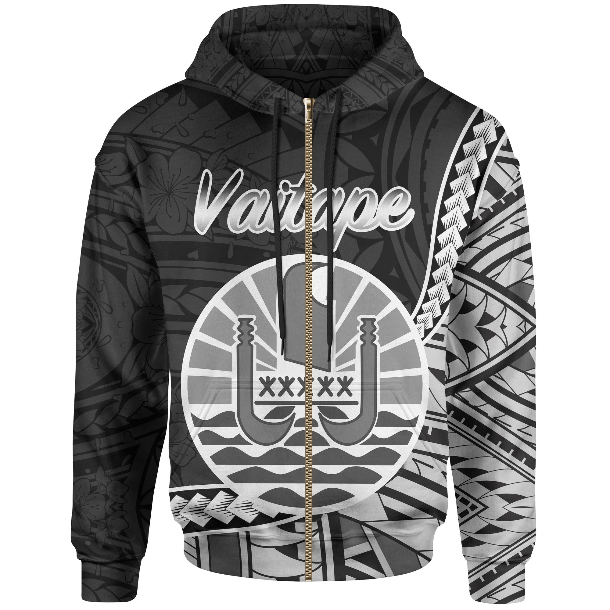 French Polynesia Zip Hoodie Vaitape Seal of French Polynesia Polynesian Patterns Unisex Black - Polynesian Pride