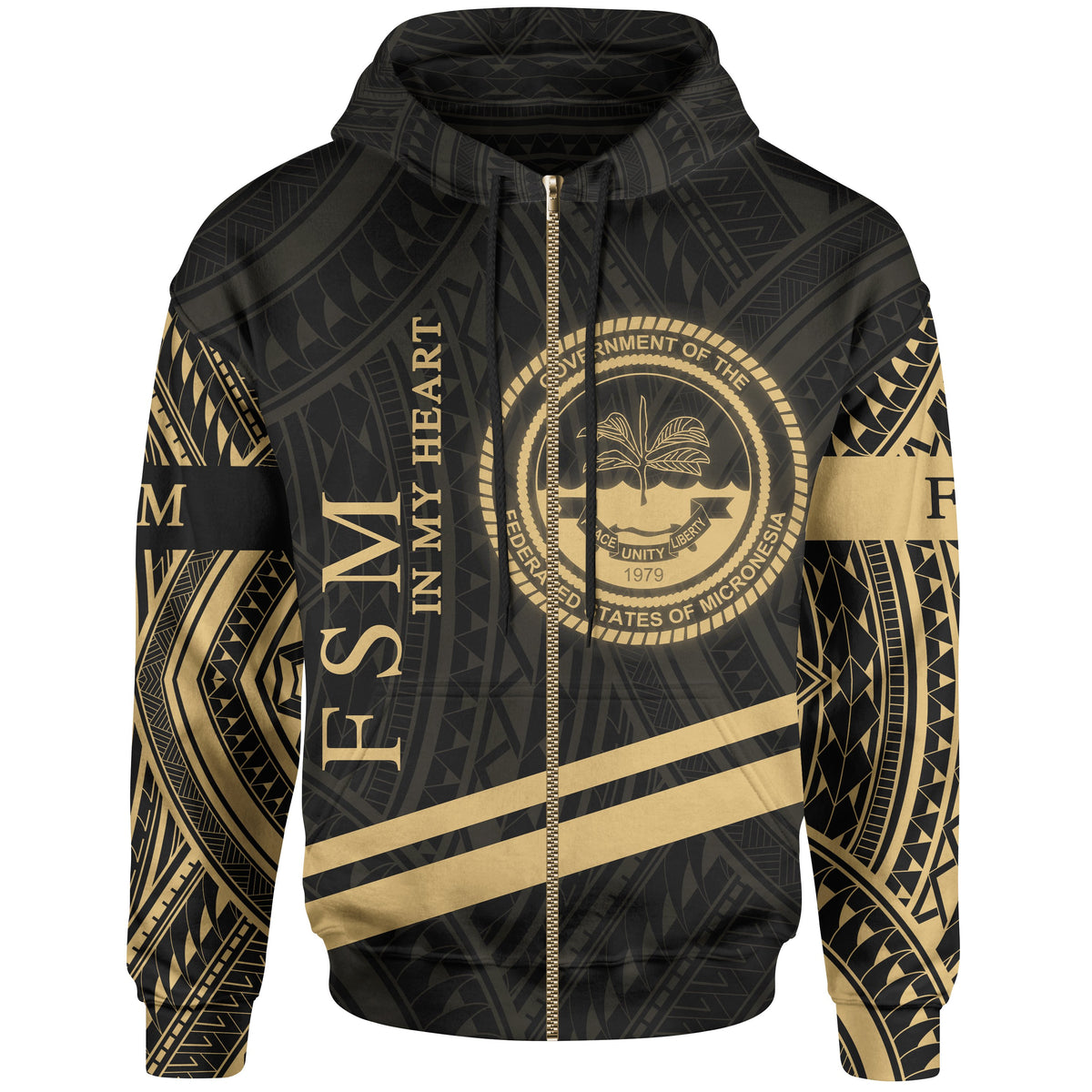Federated States of Micronesia Zip Hoodie In My Heart Style Gold Polynesian Patterns Unisex Black - Polynesian Pride