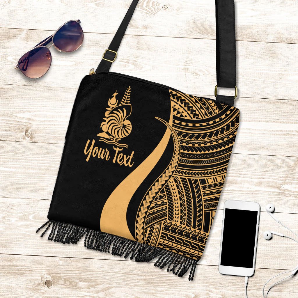 New Caledonia Custom Personalised Boho Handbag - Gold Polynesian Tentacle Tribal Pattern Crest Boho Handbag One Size Gold - Polynesian Pride