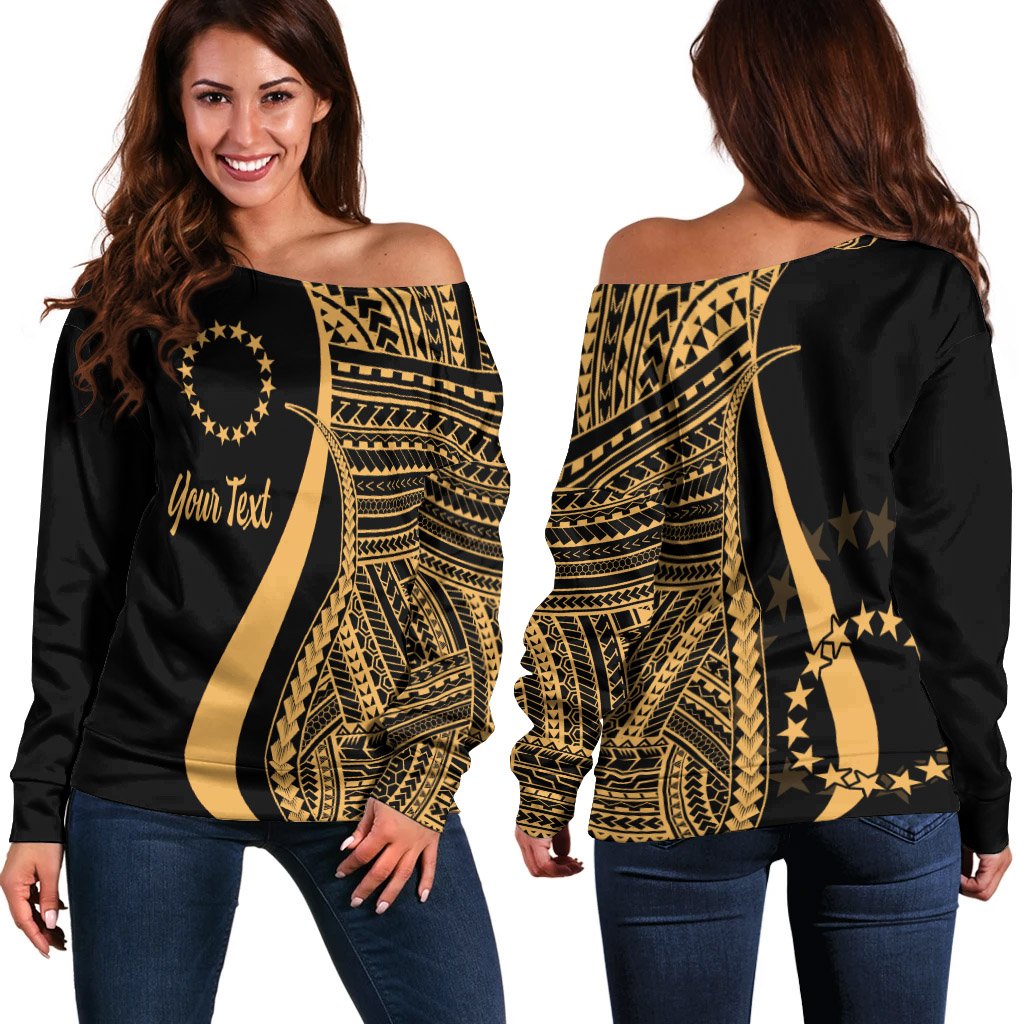 Cook Islands Custom Personalised Women's Off Shoulder Sweater - Gold Polynesian Tentacle Tribal Pattern Gold - Polynesian Pride