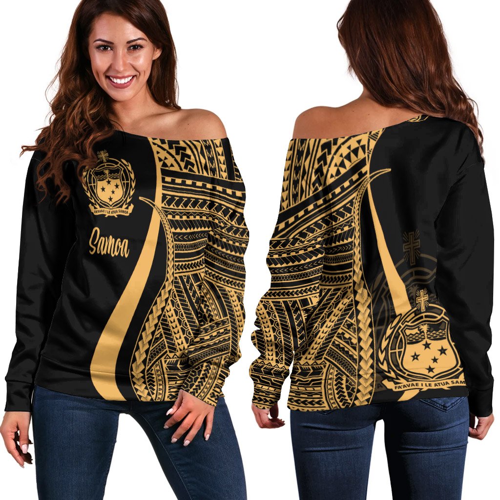 Samoa Women's Off Shoulder Sweater - Gold Polynesian Tentacle Tribal Pattern Gold - Polynesian Pride