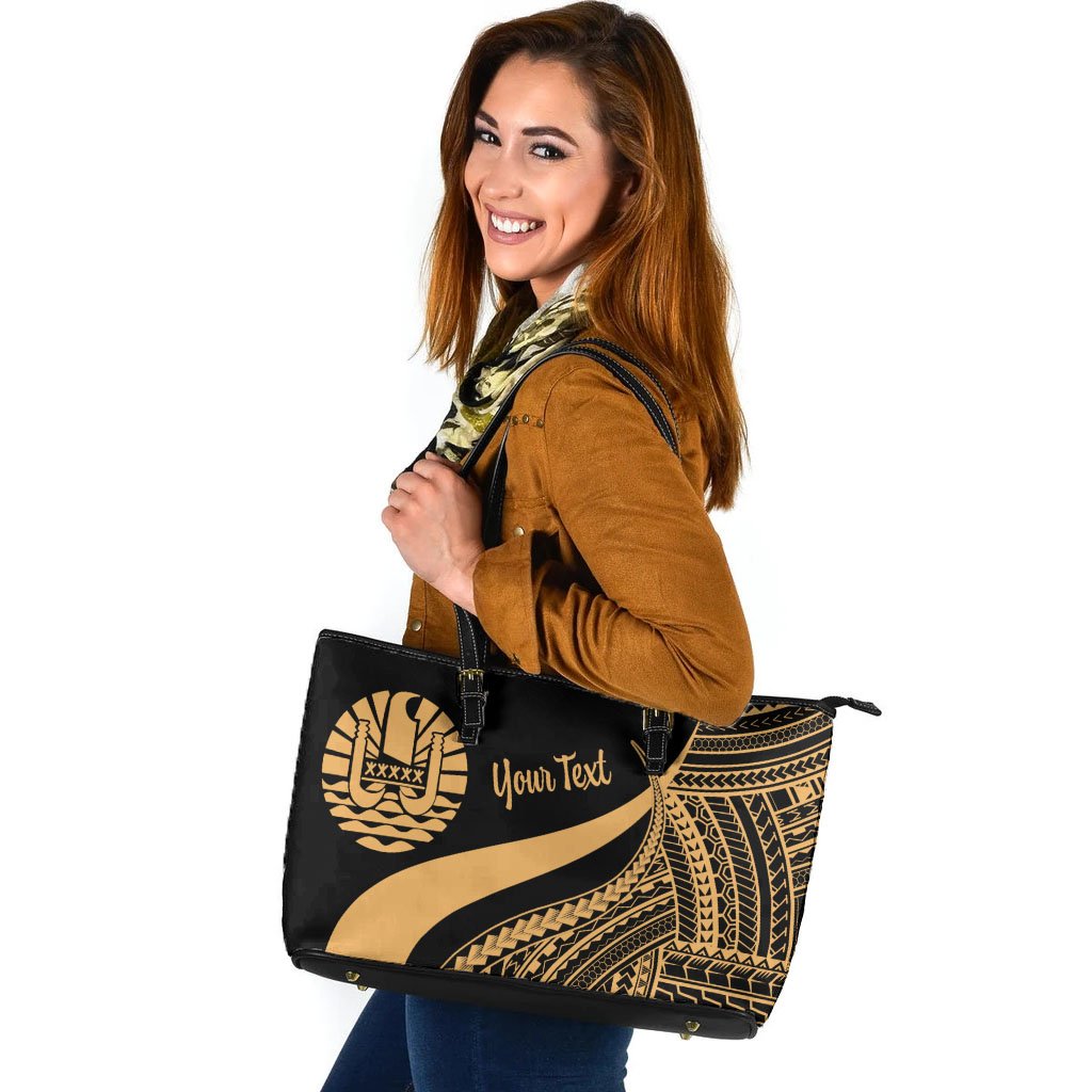 Tahiti Custom Personalised Large Leather Tote Bag - Gold Polynesian Tentacle Tribal Pattern Gold - Polynesian Pride