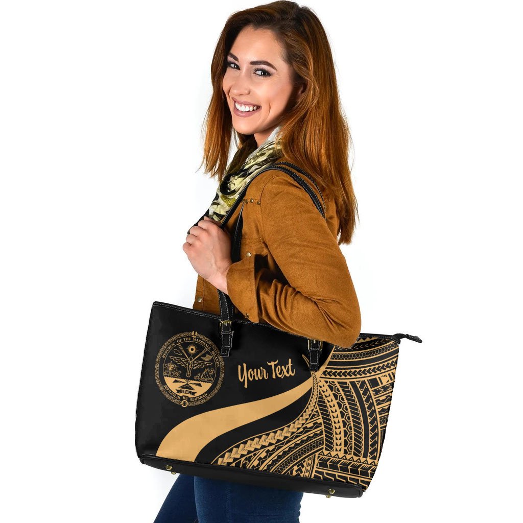 Marshall Islands Custom Personalised Large Leather Tote Bag - Gold Polynesian Tentacle Tribal Pattern Crest Gold - Polynesian Pride