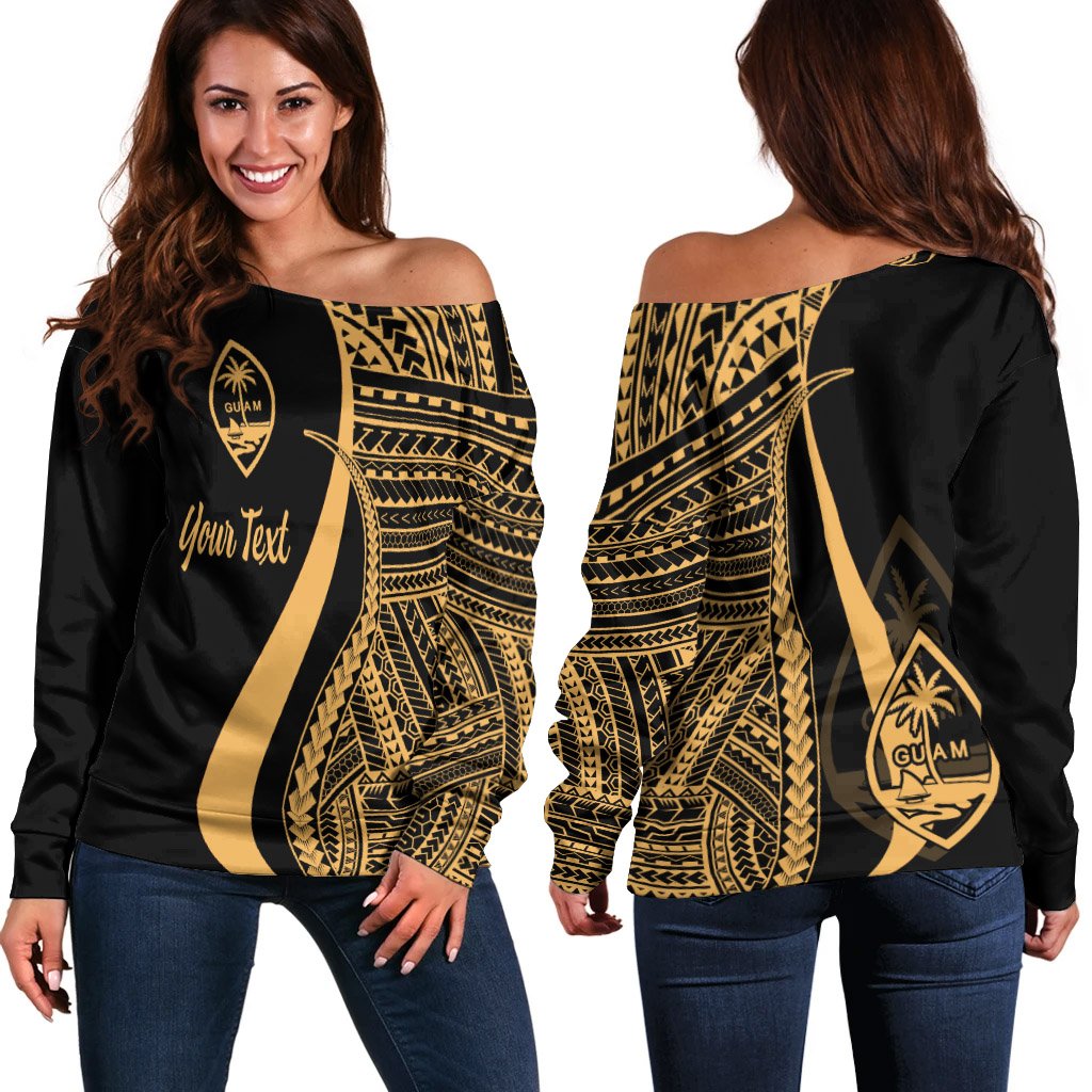 Guam Custom Personalised Women's Off Shoulder Sweater - Gold Polynesian Tentacle Tribal Pattern Gold - Polynesian Pride