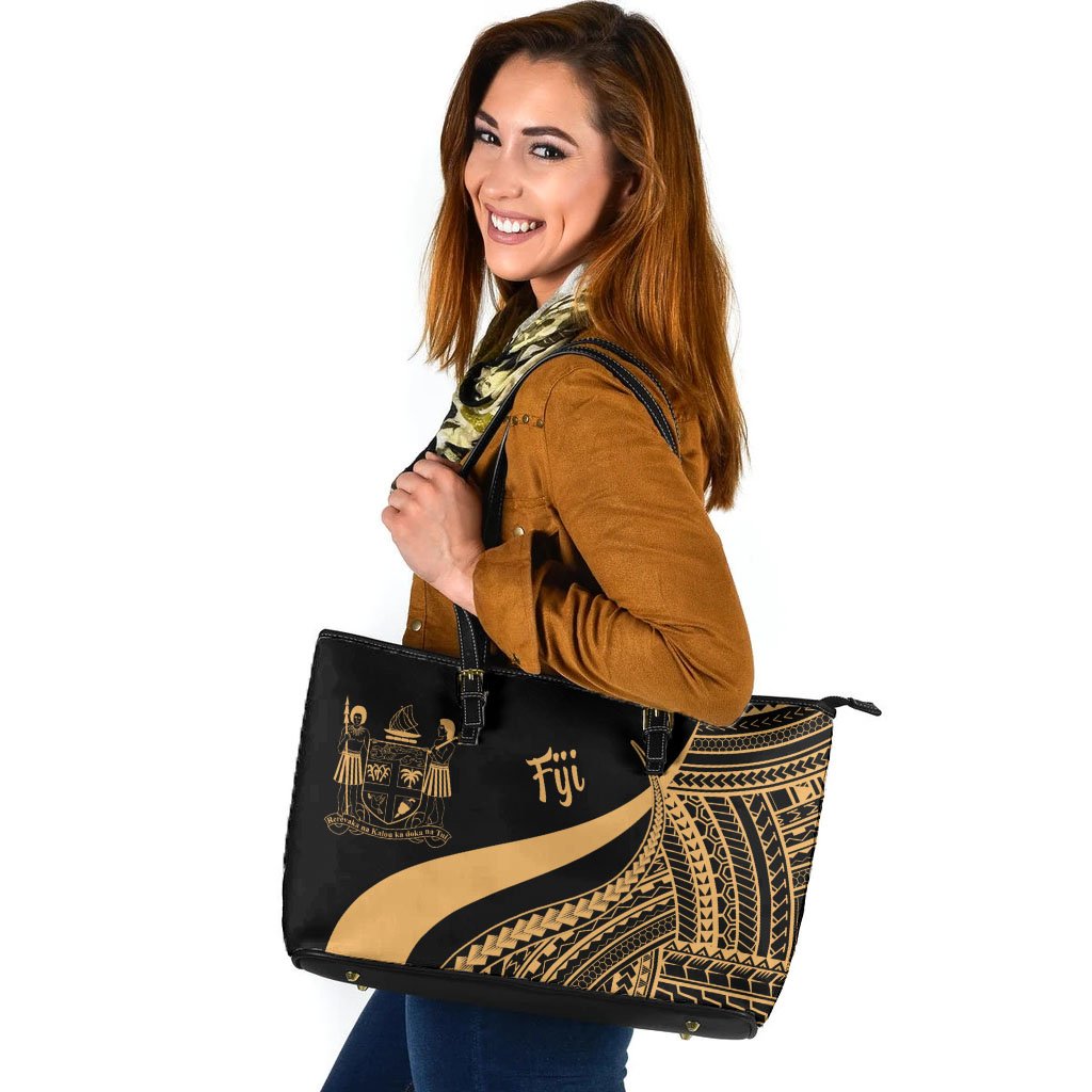 Fiji Large Leather Tote Bag - Gold Polynesian Tentacle Tribal Pattern Crest Gold - Polynesian Pride