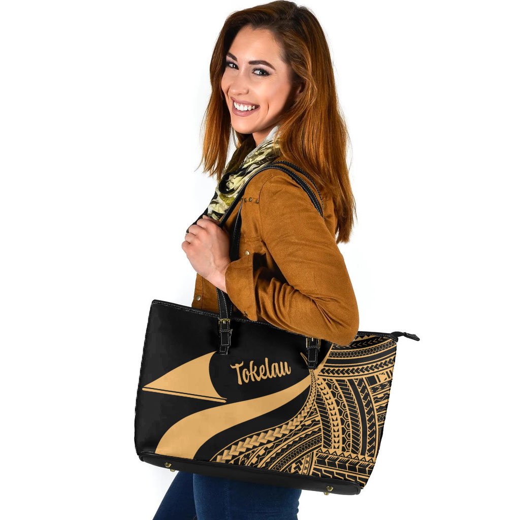 Tokelau Large Leather Tote Bag - Gold Polynesian Tentacle Tribal Pattern Gold - Polynesian Pride